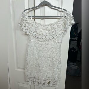 White Off the shoulder mini lace dress with slip . Size large .
